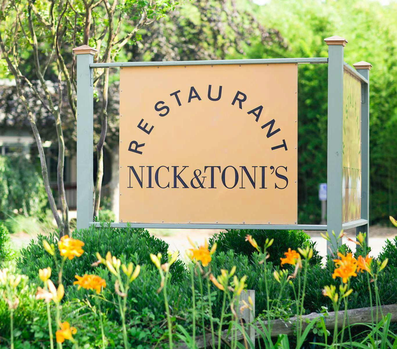 Front sign at Nick and Toni's Italian-mediterranean restaurant in the East Hampton, NY